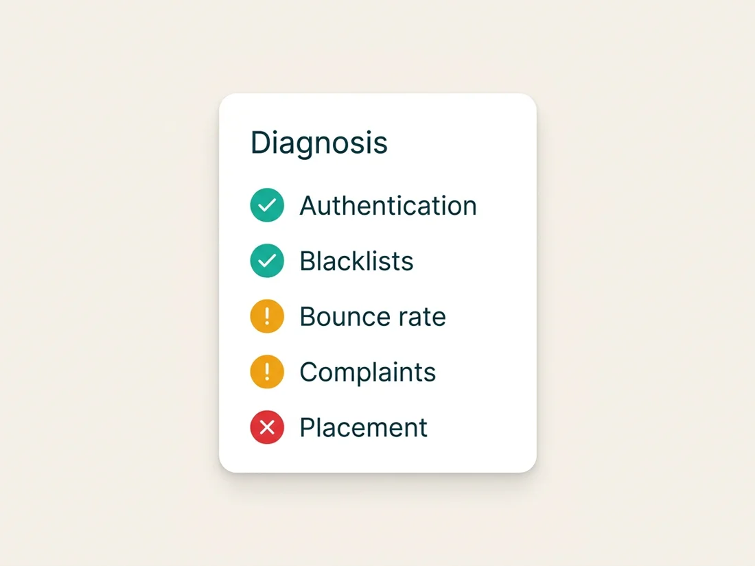 Six-step email deliverability problems diagnostic showing authentication and blacklists passing while bounces, complaints and placement flag issues