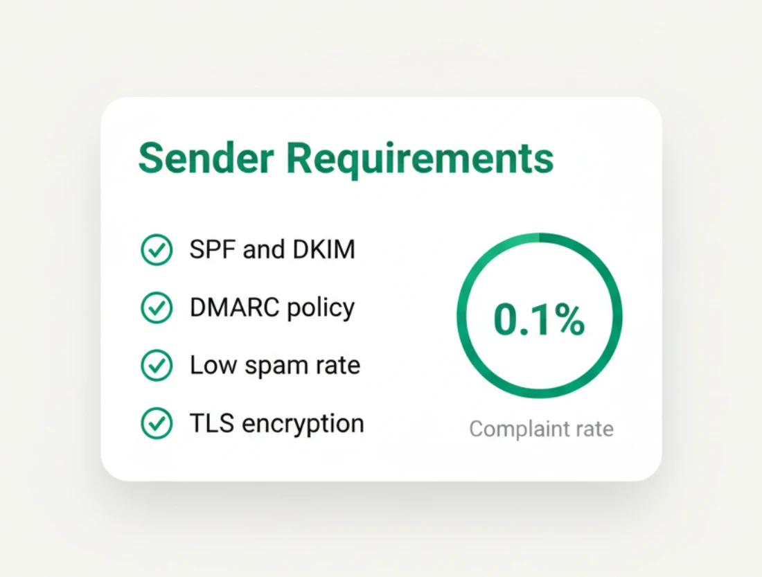 A checklist of bulk sender requirements: SPF and DKIM, DMARC policy, low spam rate, TLS encryption, complaint rate under 0.1%