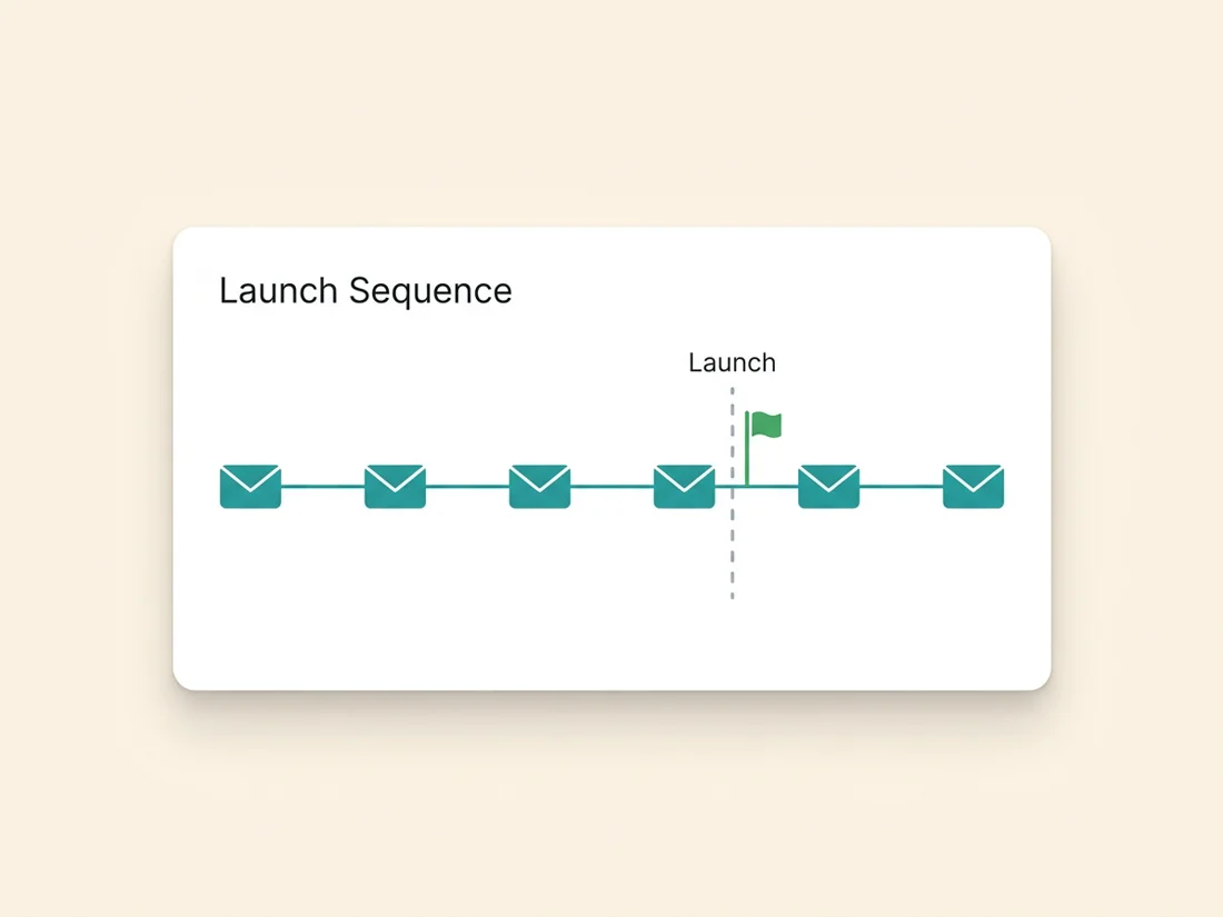 Product launch email sequence timeline: six emails from teaser to close with launch day flagged