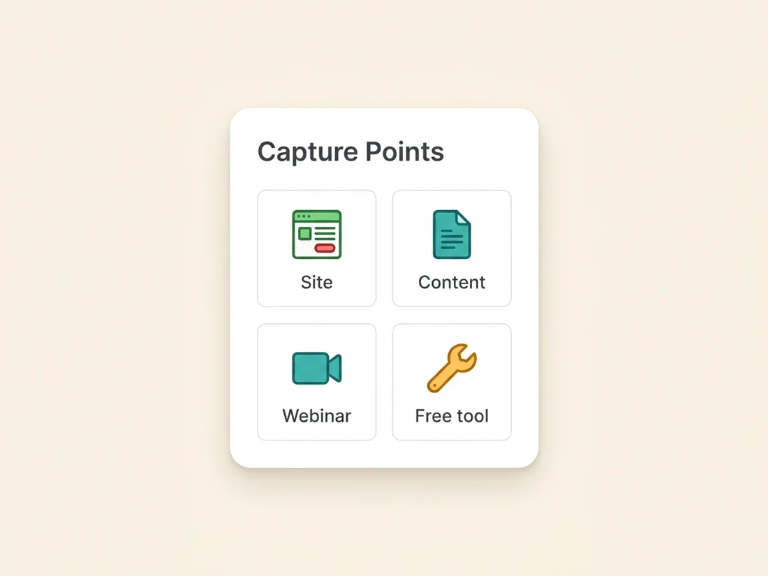 Capture points to build an email list: site forms, content upgrades, webinars and free tools