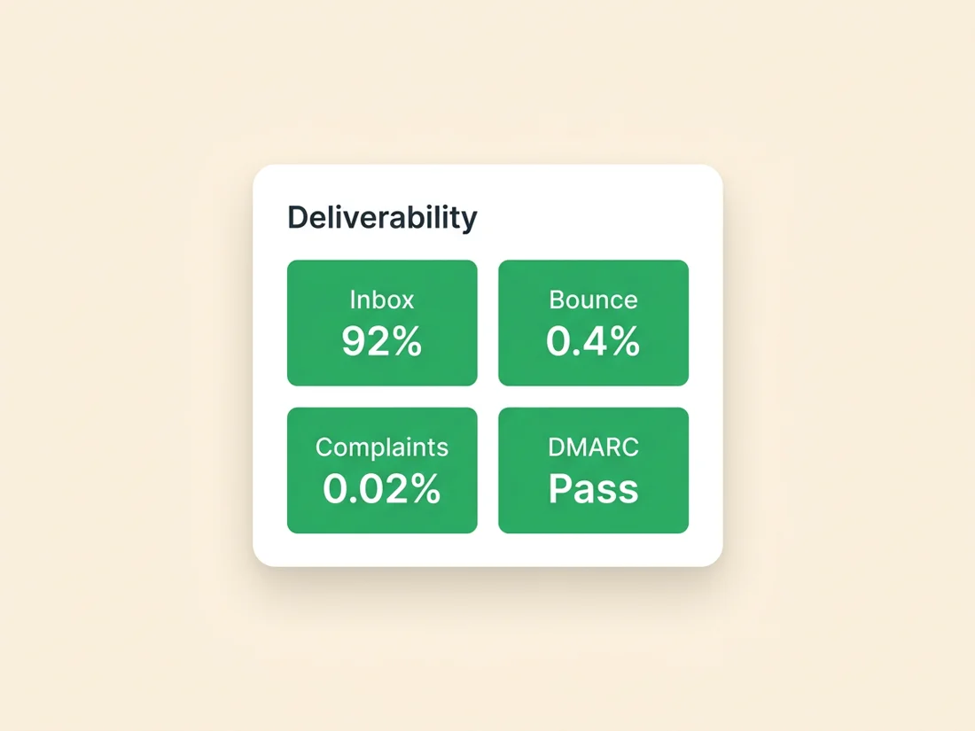 A deliverability metrics dashboard showing placement, complaints and bounce rate