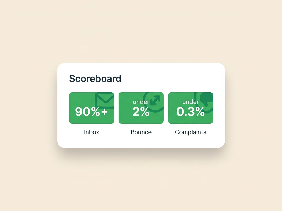 A cold email deliverability metrics dashboard showing placement, complaints and bounce rate