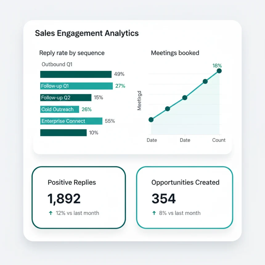 Centralized sales engagement analytics showing reply rate, meetings, and pipeline by sequence