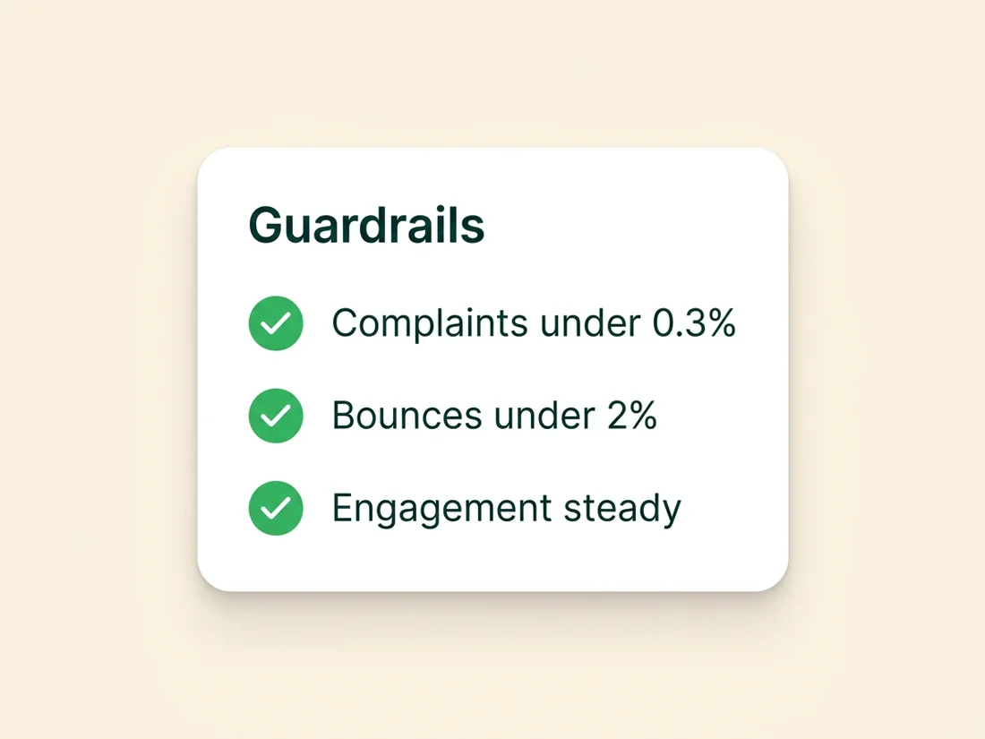A warm-up and reputation dashboard showing engagement ratio, spam rate under 0.3 percent and bounce under 2 percent