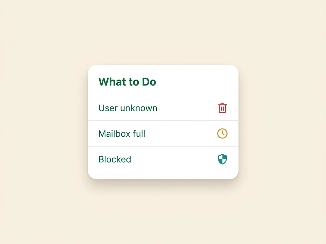 Correct actions for common SMTP error codes: remove unknown users, wait on full mailboxes, investigate blocks