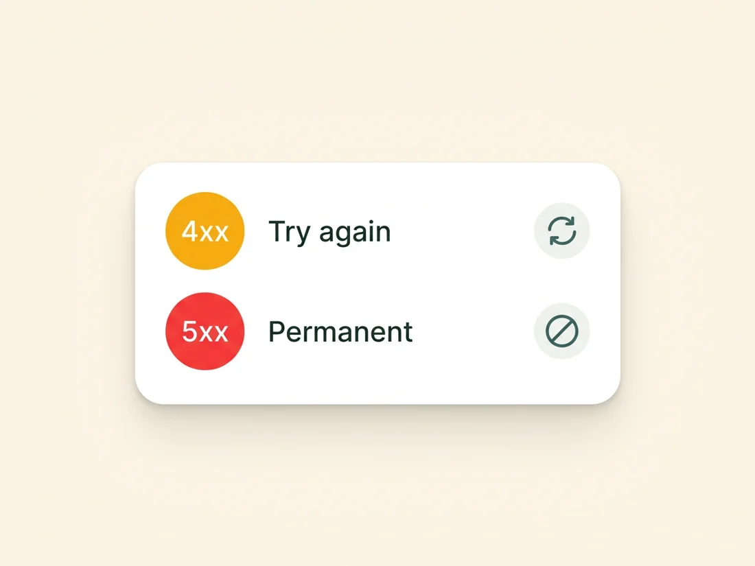 SMTP error codes split into 4xx temporary try-again and 5xx permanent classes