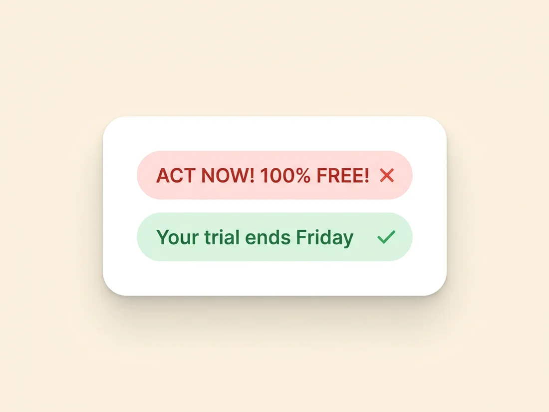 Rewriting spam trigger words: hyped phrasing replaced with a specific plain-language deadline