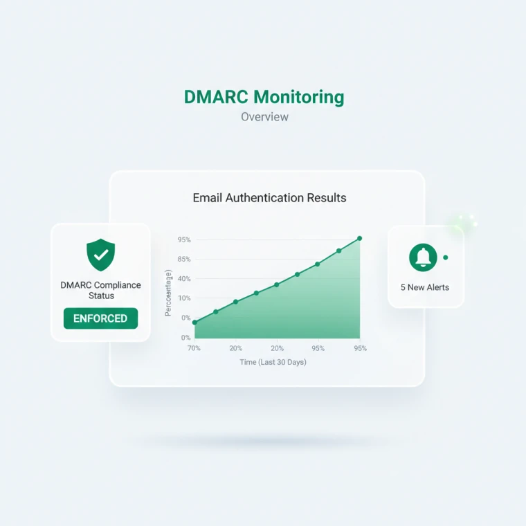 DMARC monitoring dashboard with an authentication trend chart and alerts