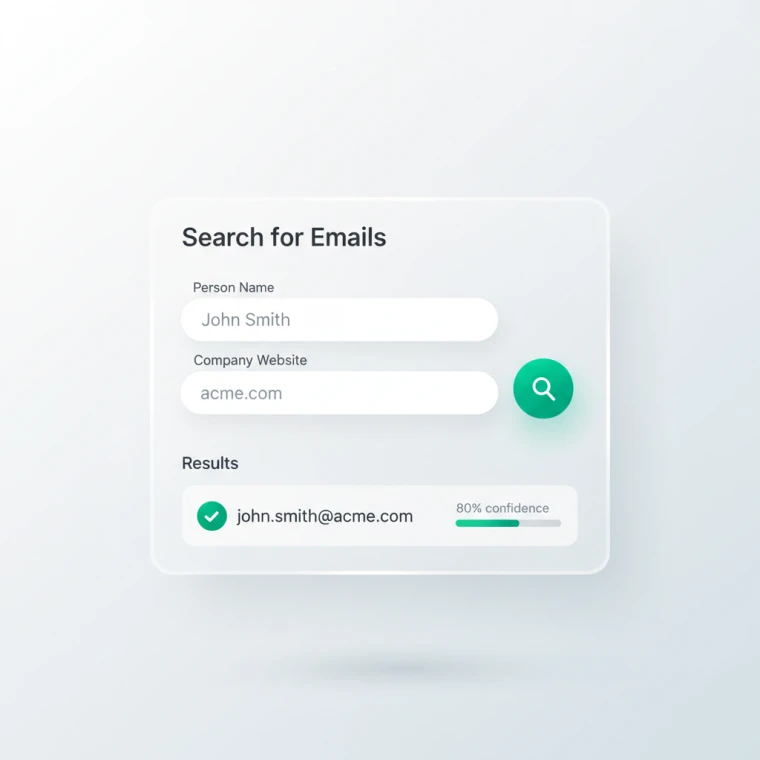 Email finder showing a search and a verified result with a confidence score