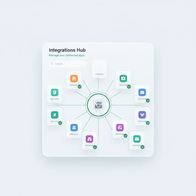 Integrations hub showing connected apps around a central hub